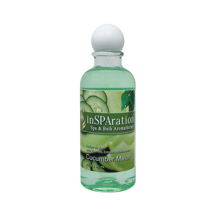 inSPAration 9oz oil-free aromatherapy liquid bottle with cucumber melon label featuring green liquid and white round top