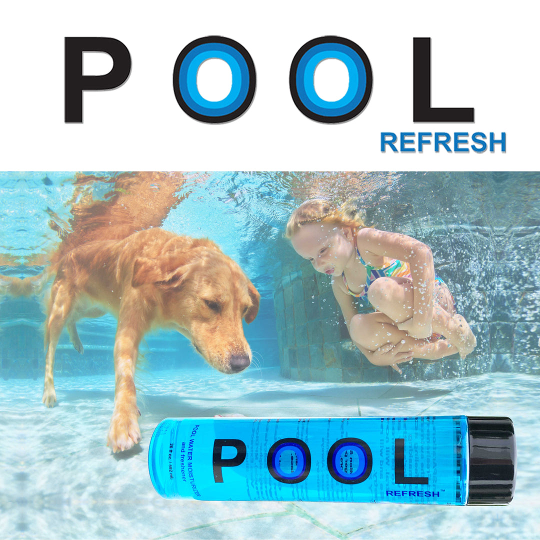 Blue bottle of Pool Refresh weekly water moisturizer and freshener with black cap underwater near a swimming dog and a child in colorful swimsuit