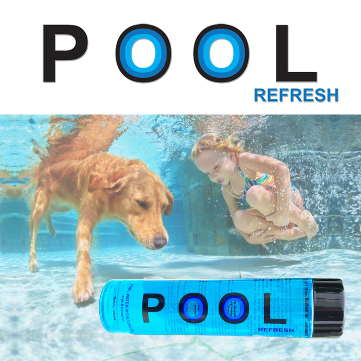 Blue bottle of Pool Refresh weekly water moisturizer and freshener with black cap underwater near a swimming dog and a child in colorful swimsuit