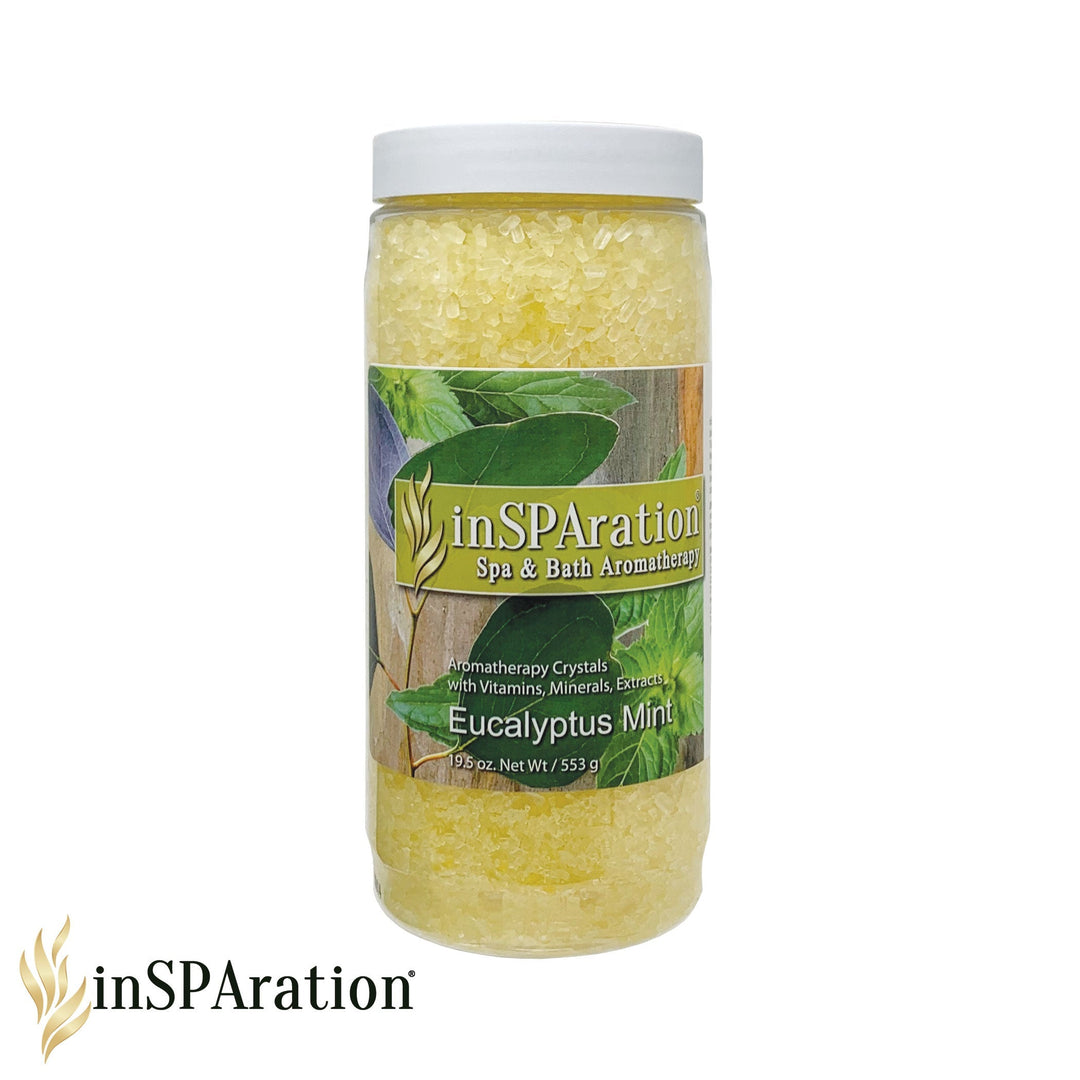 Insparation Inc original aromatherapy crystals in a clear plastic jar with white lid showing yellow eucalyptus mint crystals and green leaf label