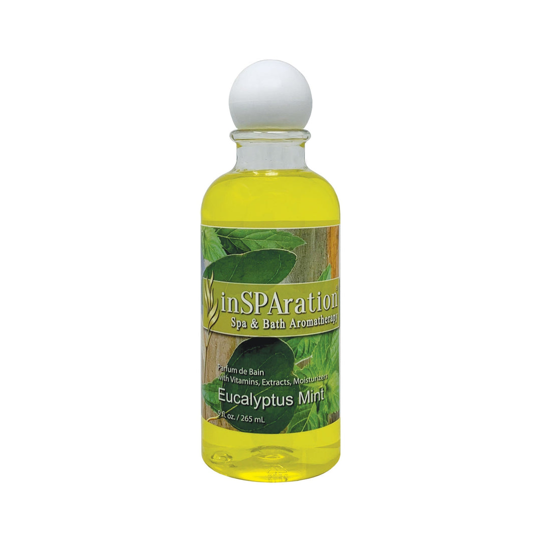 inSPAration 9oz oil-free aromatherapy liquid bottle with yellow liquid, green label featuring eucalyptus and mint leaves and white round cap