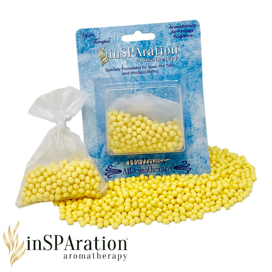 Insparation Inc AirRomatherapy Air Bead Singles in blue blister pack with yellow small spherical beads and an additional small mesh pouch of beads