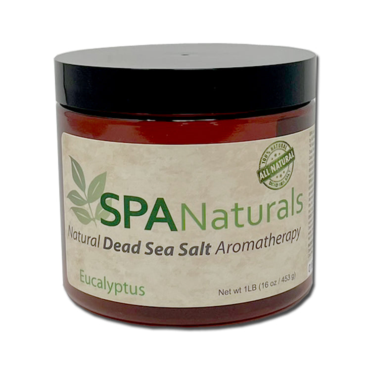 brown plastic jar of Spa Naturals Dead Sea Salt Crystal by Insparation Inc with black lid and eucalyptus aromatherapy label