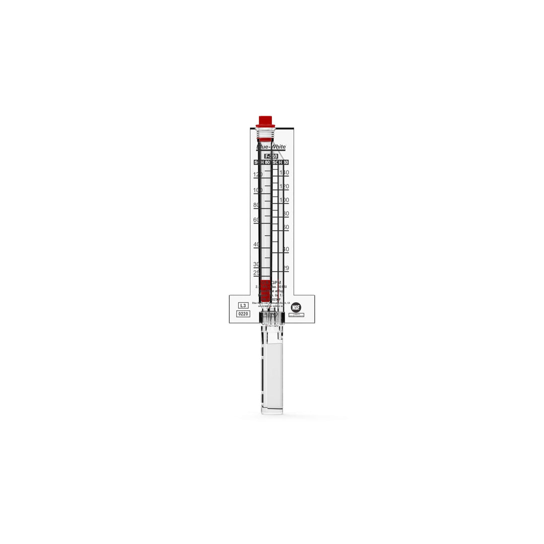 Clear vertical flowmeter with a red float inside and black measurement markings for 2 inch PVC pipes