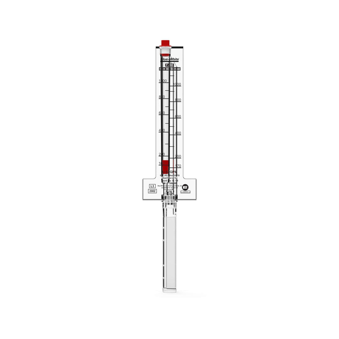 clear vertical flowmeter with red indicators and black measurement lines marked for 26 inch PVC pipes with flow rates from 170 to 1100 GPM