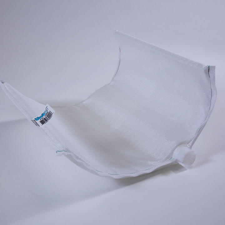 white curved pool DE filter grid made of fine mesh fabric with a plastic attachment and a label on one edge