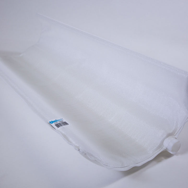 long narrow white pool filter grid made of fine mesh fabric with a white plastic connector and a small label attached