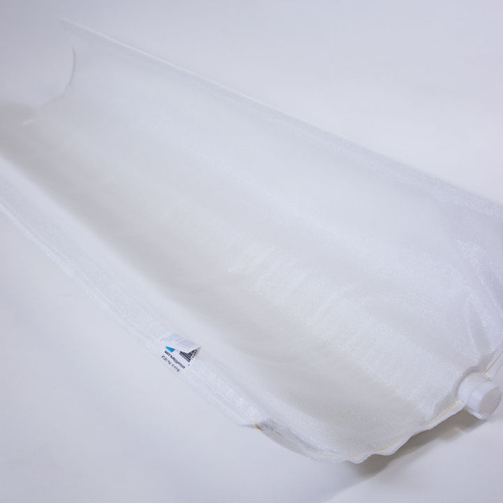 White rectangular pool filter grid made of fine mesh fabric with a plastic end cap and sewn edges resting on a white background