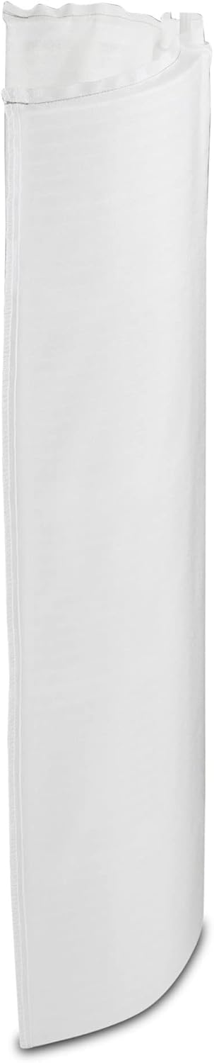Tall, folded white filter grid made of a fine mesh textile material with reinforced edges, standing upright