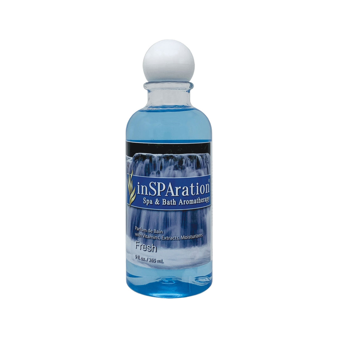 inSPAration 9oz oil-free aromatherapy liquid bottle in clear blue with white round cap and waterfall label design