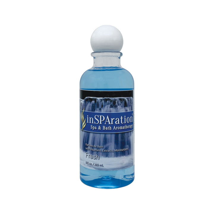 inSPAration 9oz oil-free aromatherapy liquid bottle in clear blue with white round cap and waterfall label design