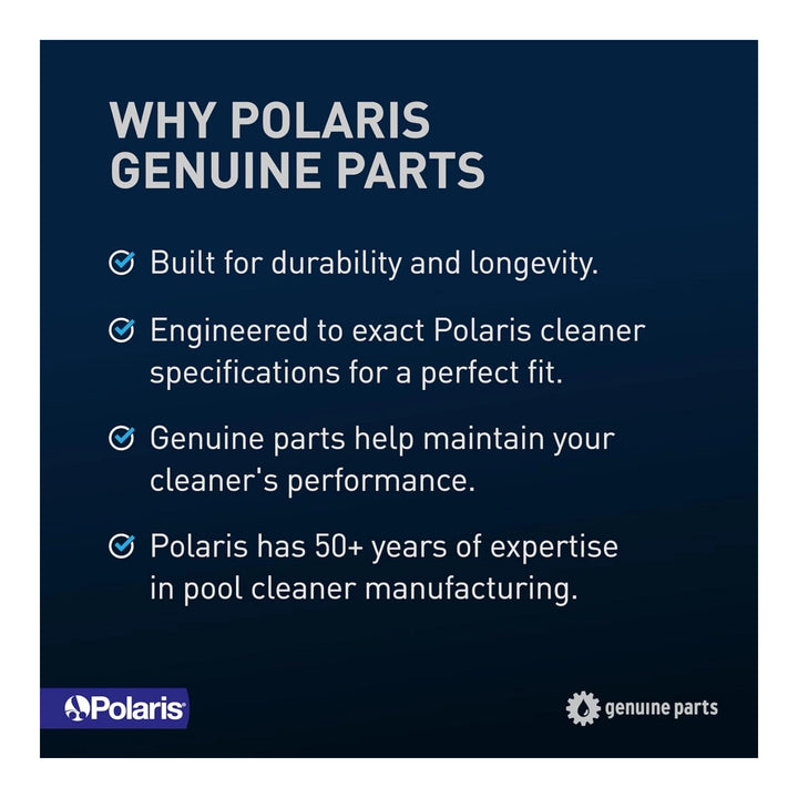 blue background with white text listing reasons to choose Polaris genuine parts including durability longevity exact fit and 50 years expertise