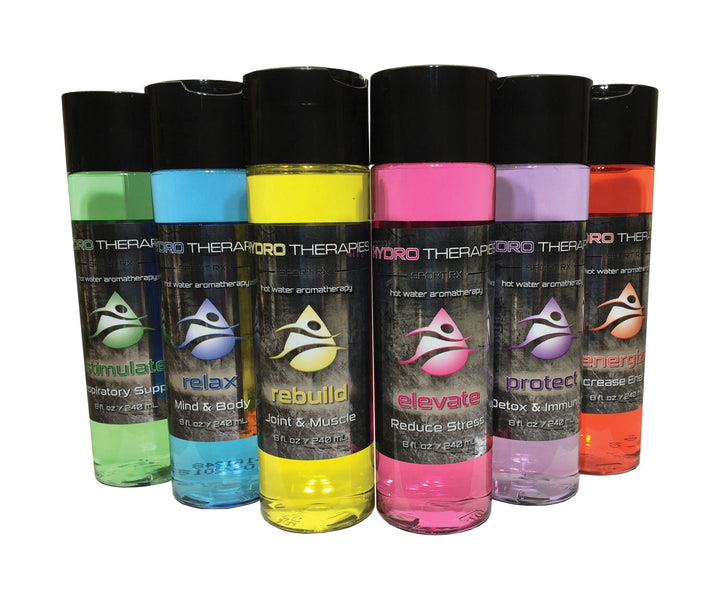 six HydroTherapies 8oz Sport Rx liquid bottles with black caps in green, blue, yellow, pink, purple, and orange colors arranged side by side