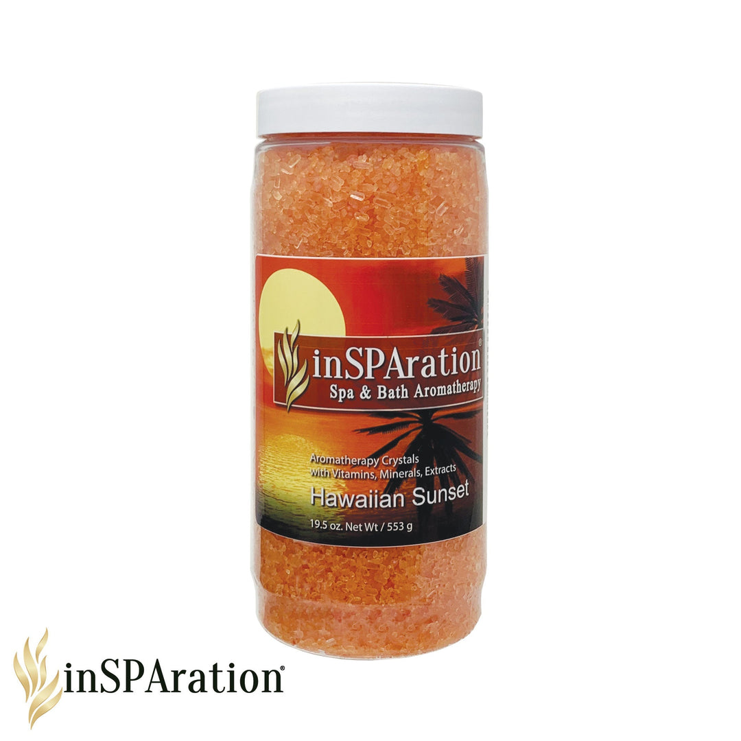 Insparation Inc Original Aromatherapy Crystals 19.5 oz container with orange crystals and a label showing Hawaiian sunset design