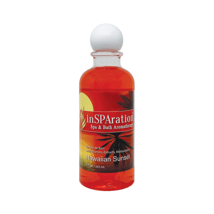 inSPAration Hawaiian Sunset aromatherapy liquid 9oz clear bottle with white round cap and orange liquid inside