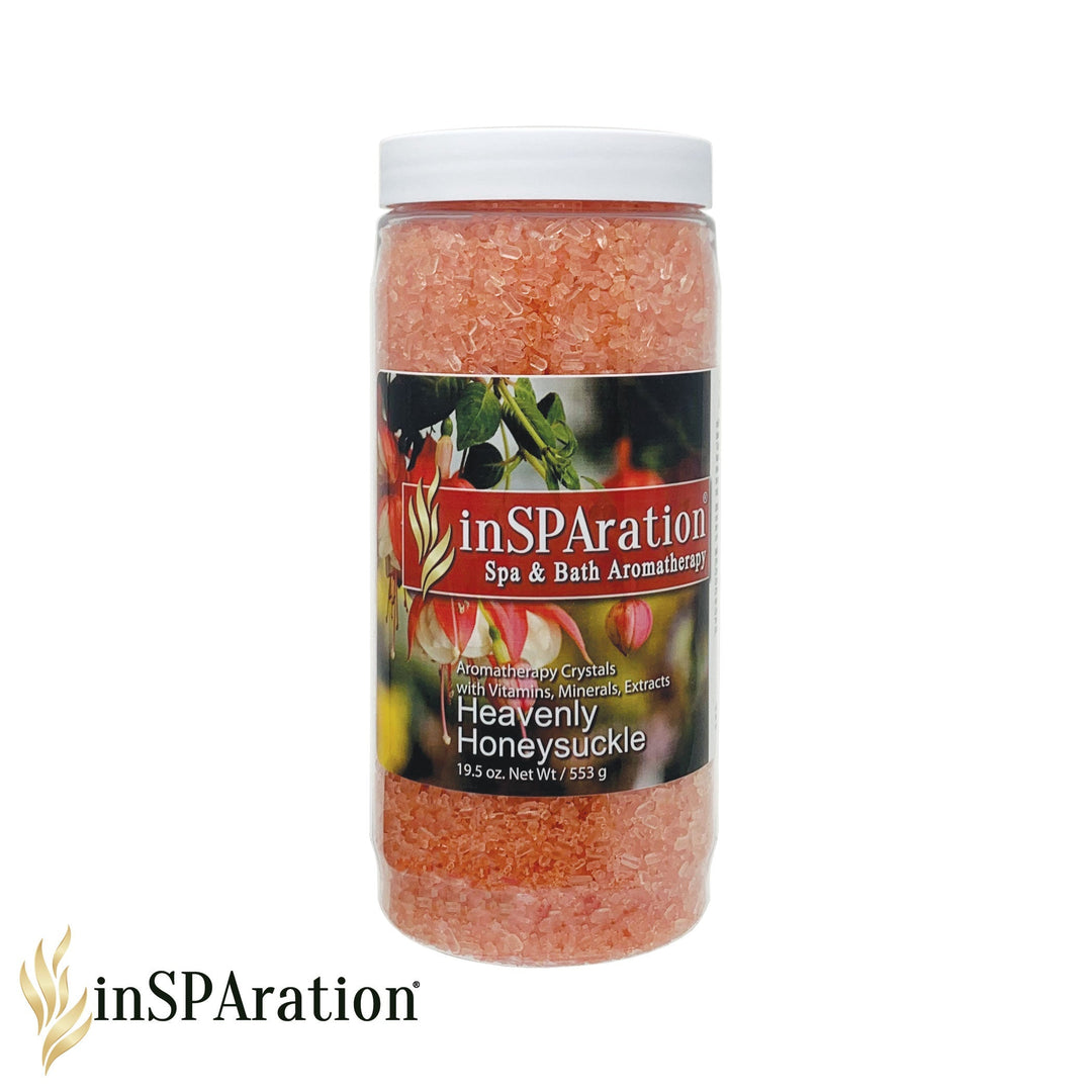Insparation Inc Original Aromatherapy Crystals 19oz jar with pink granular crystals and label showing Heavenly Honeysuckle scent