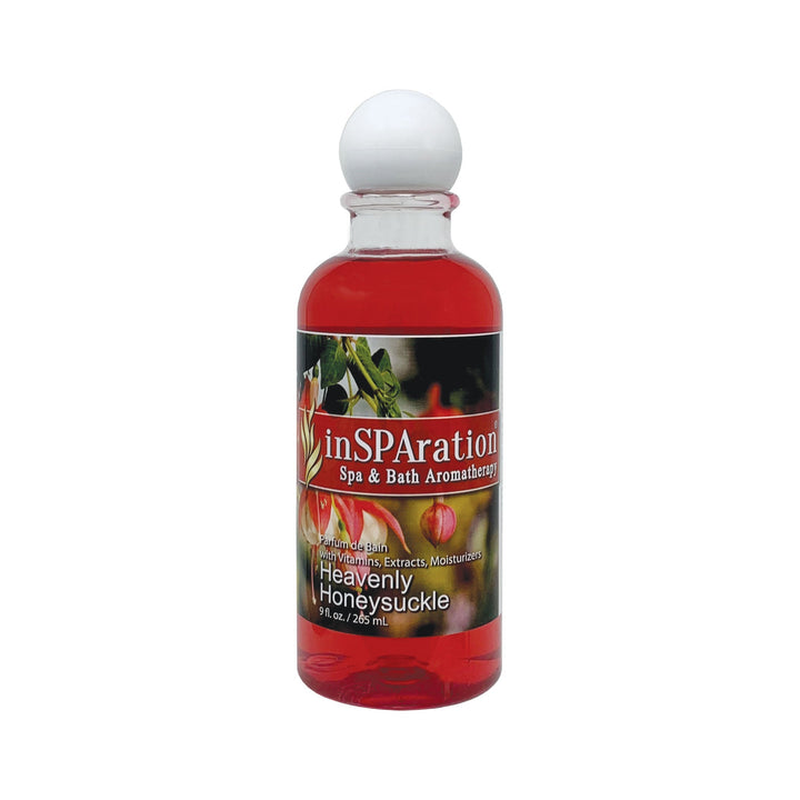 inSPAration 9oz Oil-Free Aromatherapy Liquid bottle with red liquid and floral label showing heavenly honeysuckle scent and white round cap