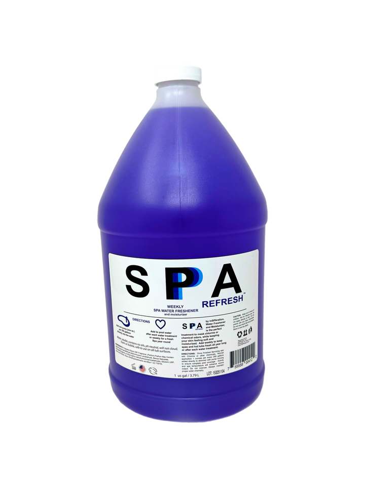 one gallon translucent blue plastic bottle of Insparation Inc Spa Refresh premium spa water treatment with white cap and detailed white label