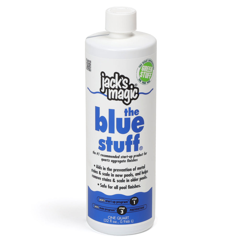white plastic bottle of Jacks Magic blue stuff pool stain remover with blue and black text and white screw cap showing front label