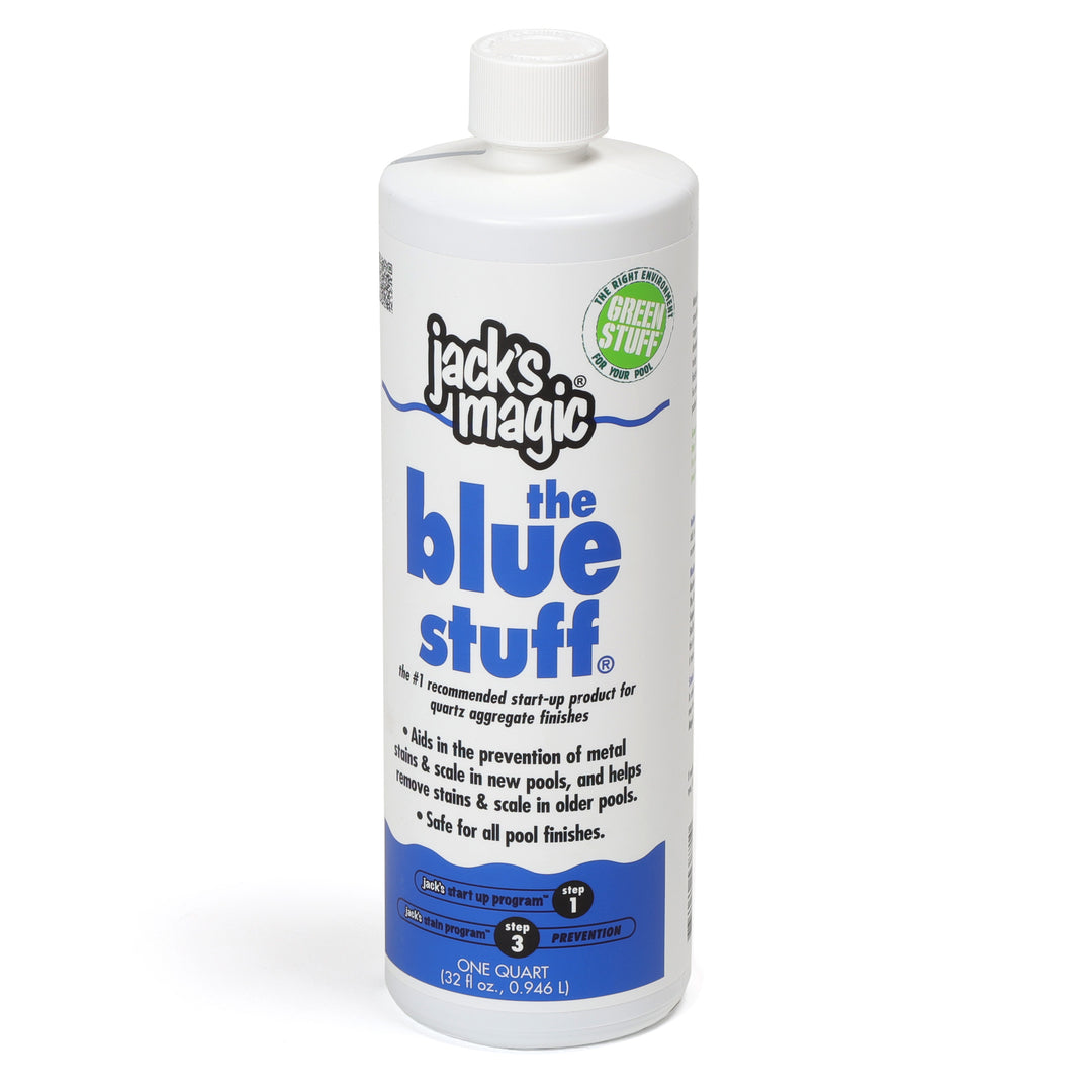 Jacks Magic the blue stuff pool stain remover in a white plastic bottle with blue and black text and a white cap 32 fluid ounces