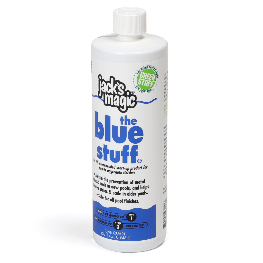 white plastic bottle of Jacks Magic the blue stuff pool stain remover with blue and black text and a white screw cap