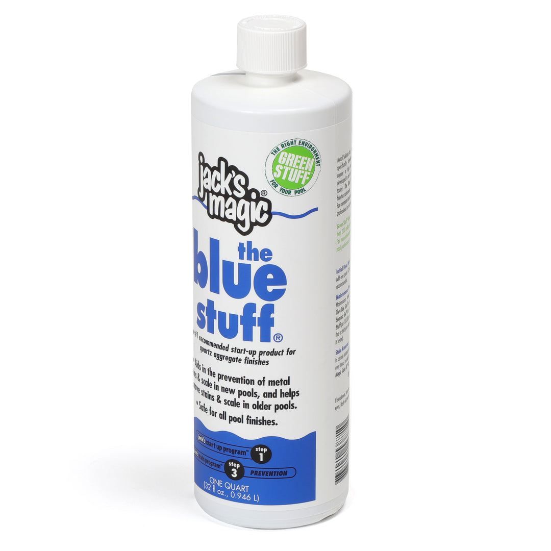 Jacks Magic the blue stuff pool stain remover in a white plastic bottle with blue and black label text and a white screw cap
