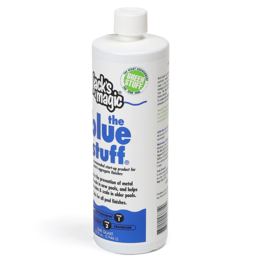 Jacks Magic Blue Stuff pool stain remover in a white 32 oz bottle with blue and black text and green environment logo