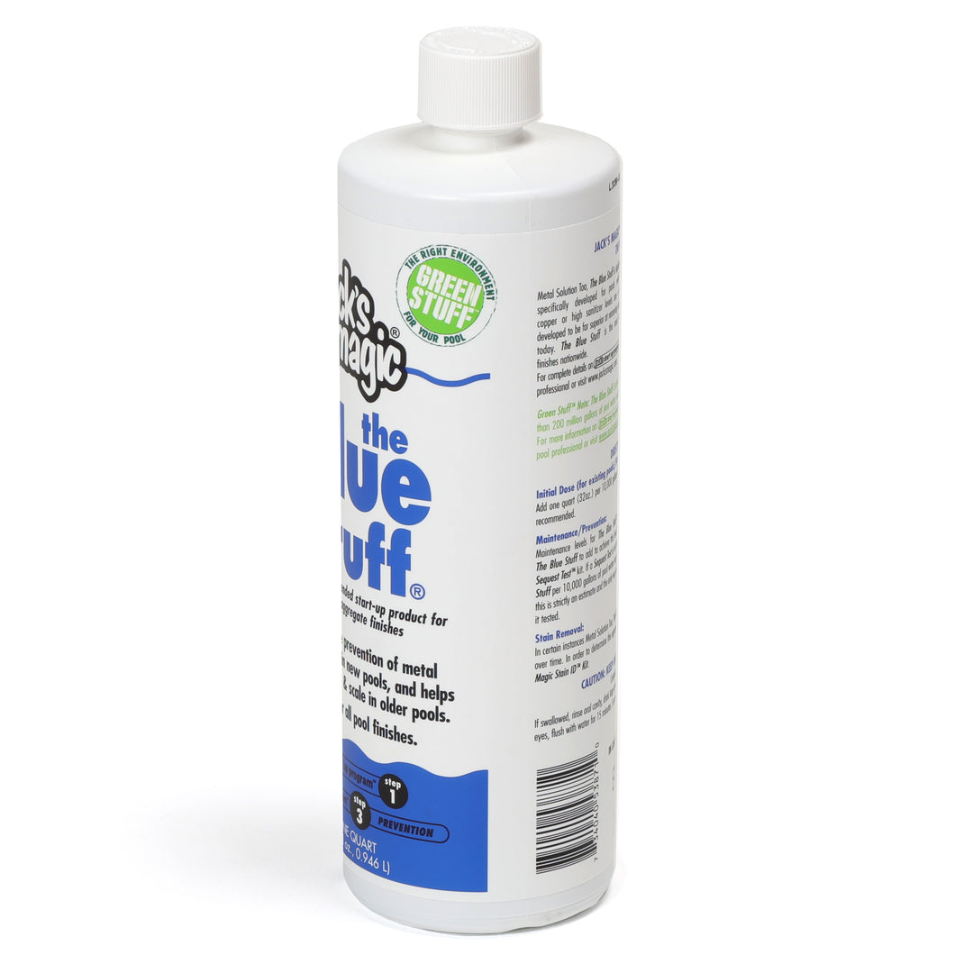 white plastic bottle of Jacks Magic Blue Stuff pool stain remover with blue and black text and white cap standing on white background