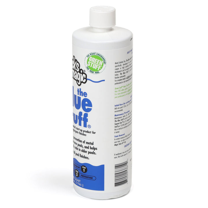 white plastic bottle of Jacks Magic Blue Stuff pool stain remover with blue and black text and white cap standing on white background