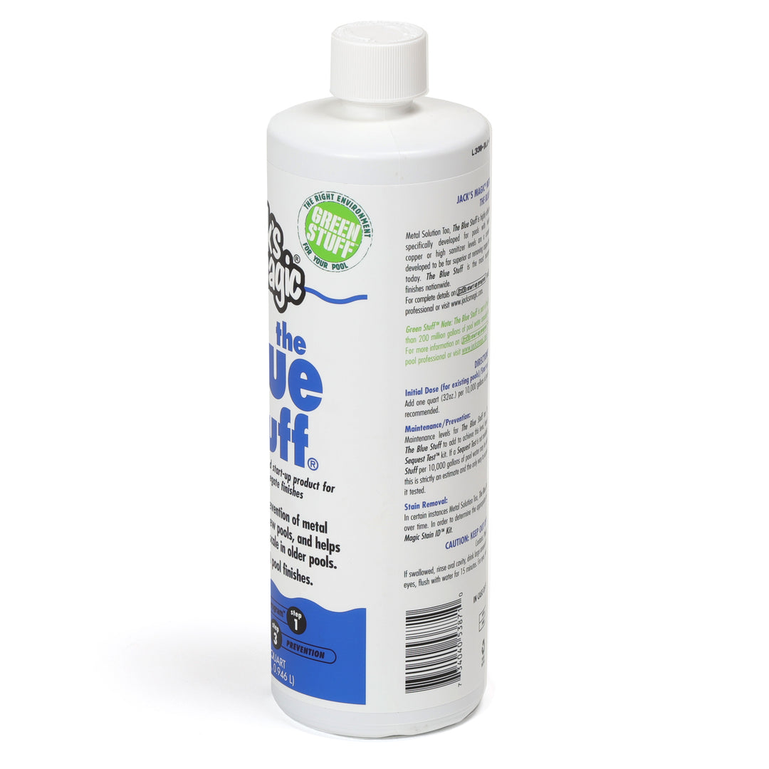 Jacks Magic Blue Stuff Pool Stain Remover 32 oz white bottle with blue and black text and green stamp on label