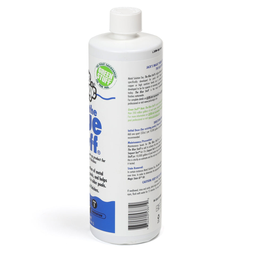 White plastic bottle of Jacks Magic Blue Stuff pool stain remover with blue and green label and white cap shown on white background