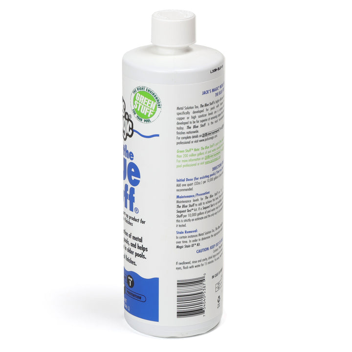 White plastic bottle of Jacks Magic Blue Stuff pool stain remover with blue and green label and white cap shown on white background