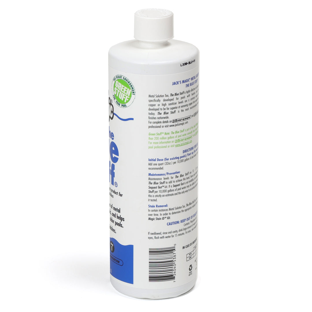 Jacks Magic Blue Stuff Pool Stain Remover 32 oz white plastic bottle with screw cap and written instructions on the label