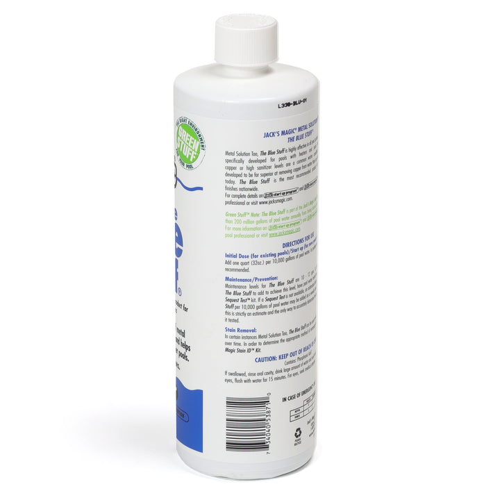 Jacks Magic Blue Stuff Pool Stain Remover 32 ounce white plastic bottle with green and blue label and white cap