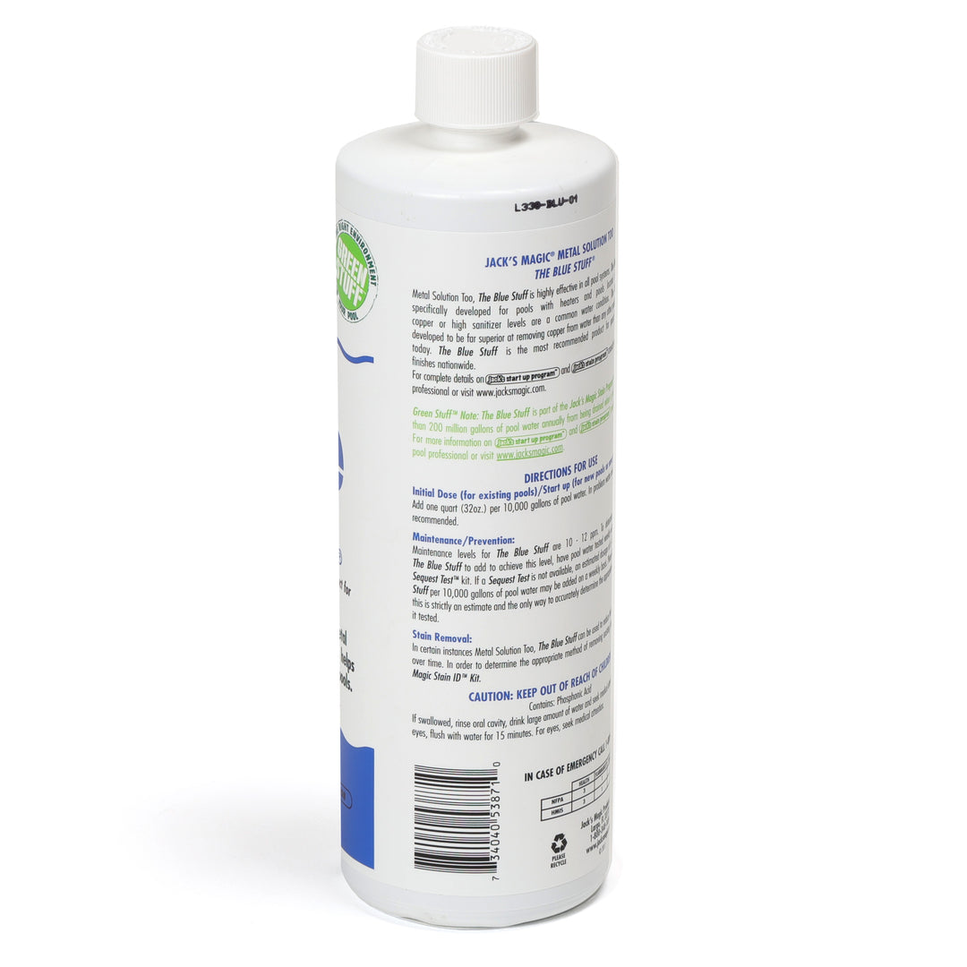 jacks magic blue stuff pool stain remover 32 oz bottle with white cap showing product label and usage instructions
