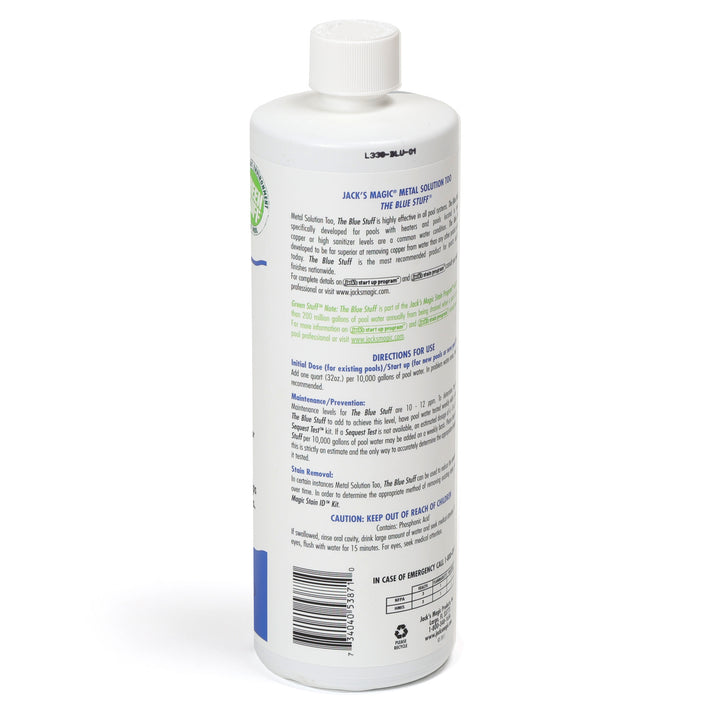 Jacks Magic Blue Stuff Pool Stain Remover 32 oz white plastic bottle with a white cap and detailed usage instructions on the back label