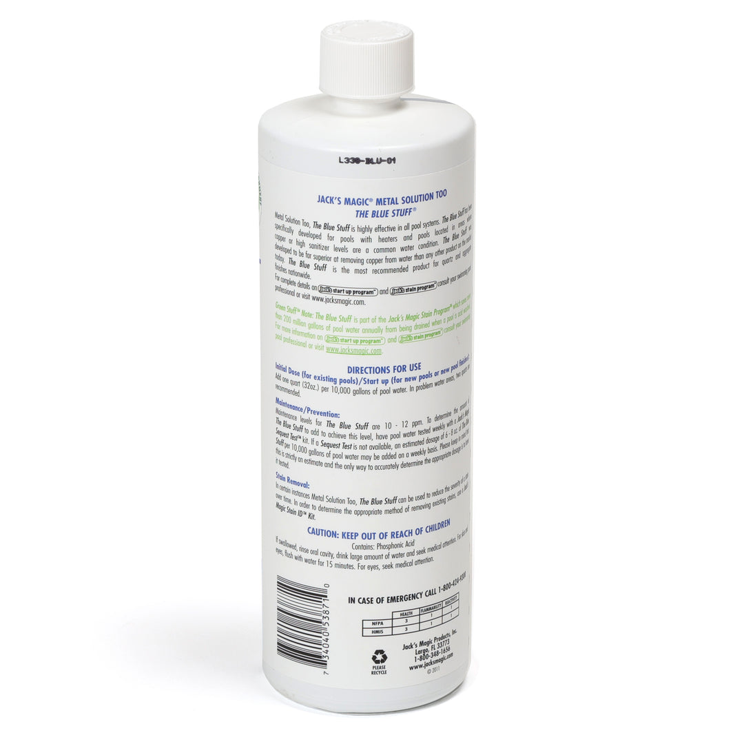 rear view of a white cylindrical bottle of Jacks Magic Blue Stuff pool stain remover with detailed usage instructions and safety information