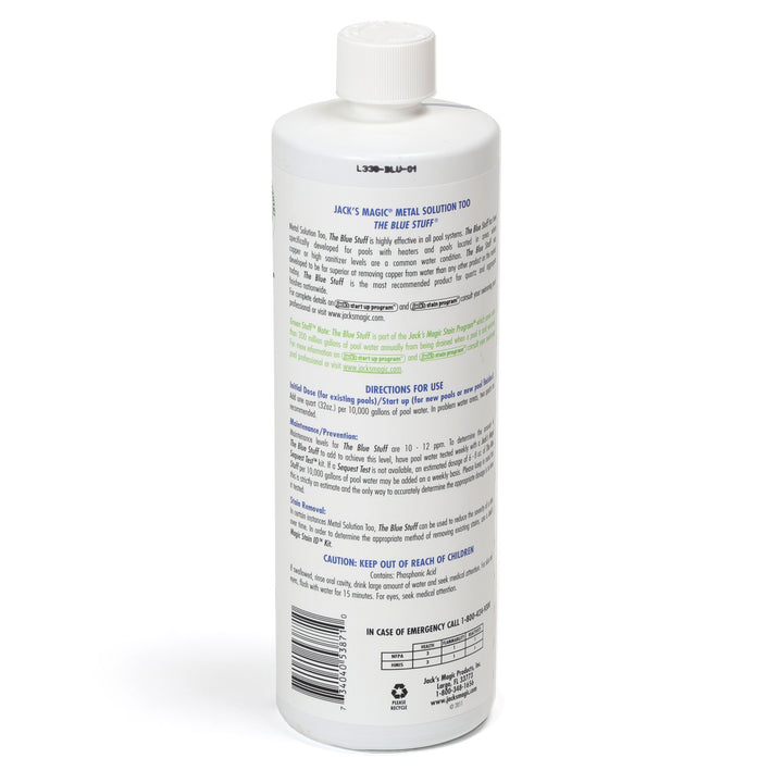 rear view of a white cylindrical bottle of Jacks Magic Blue Stuff pool stain remover with detailed usage instructions and safety information