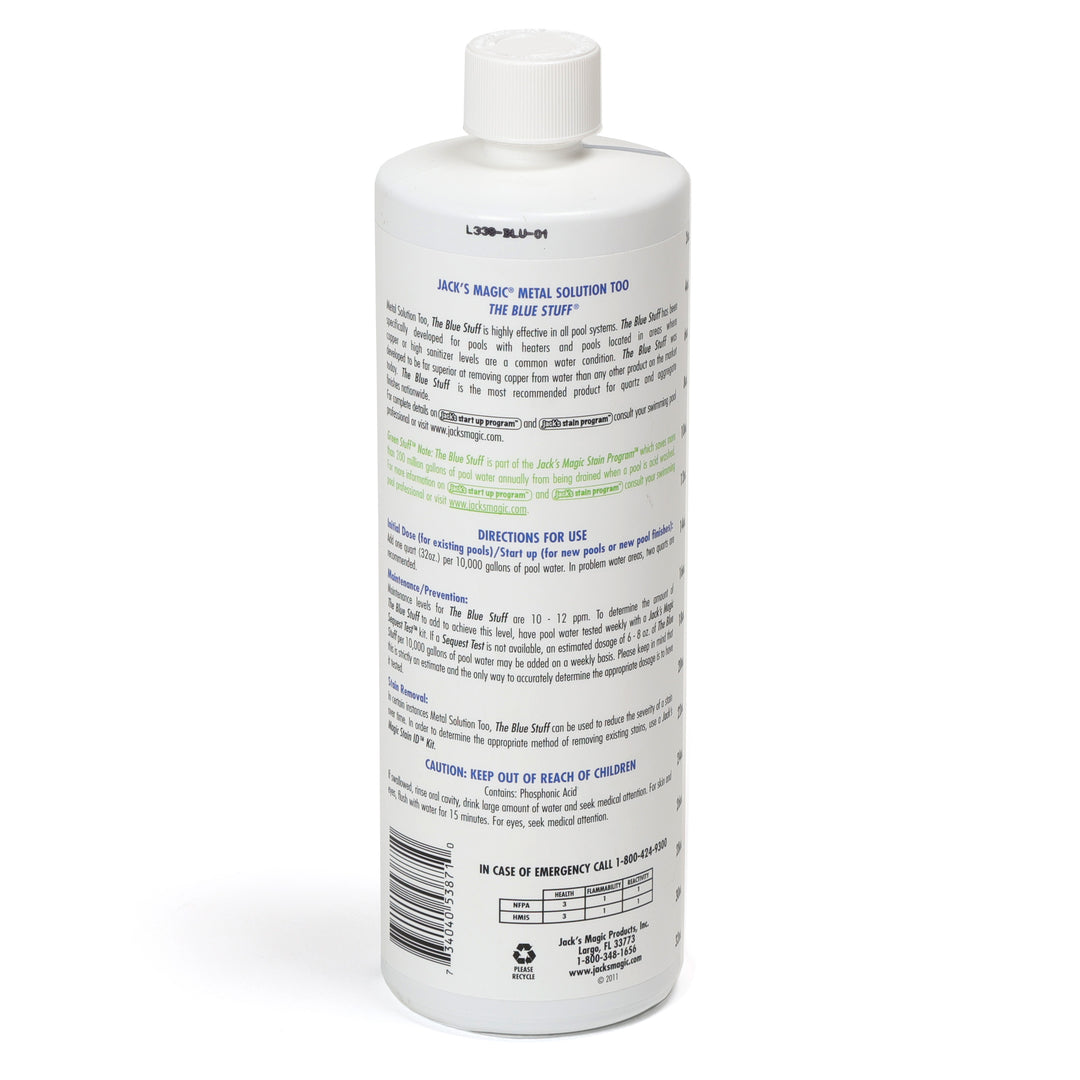 Jacks Magic Blue Stuff pool stain remover 32 ounce white bottle showing back label with usage directions and safety information