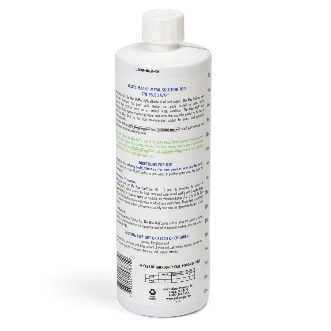 Jacks Magic Blue Stuff pool stain remover 32 oz white plastic bottle shown from the back with blue and green text instructions and safety information