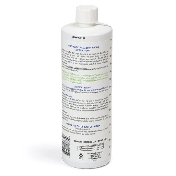 Jacks Magic Blue Stuff pool stain remover 32 oz white plastic bottle shown from the back with blue and green text instructions and safety information