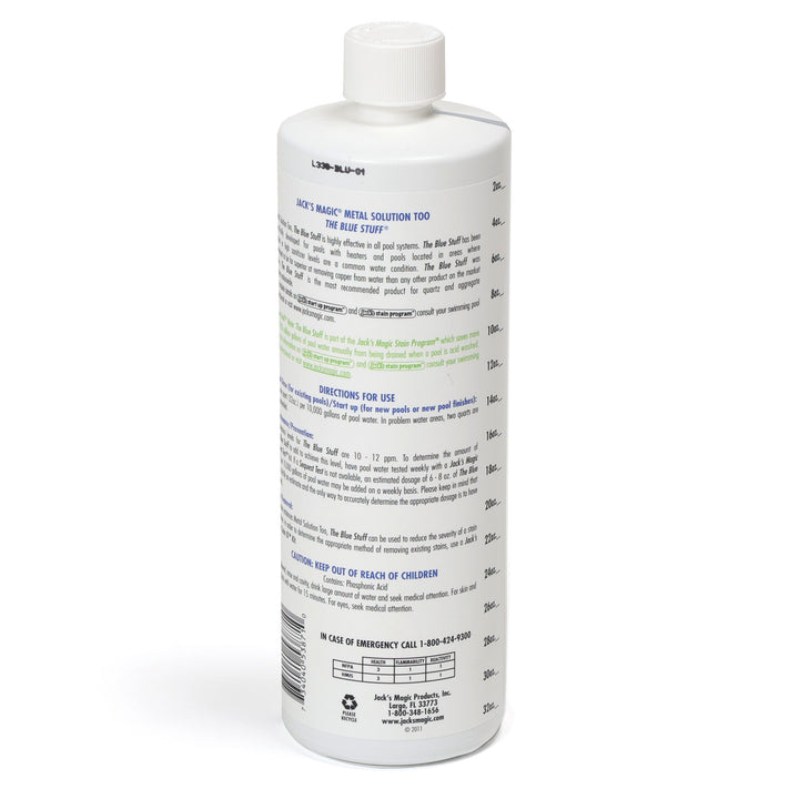 white plastic bottle of Jacks Magic Blue Stuff pool stain remover with detailed usage directions and measurement markings on the back label