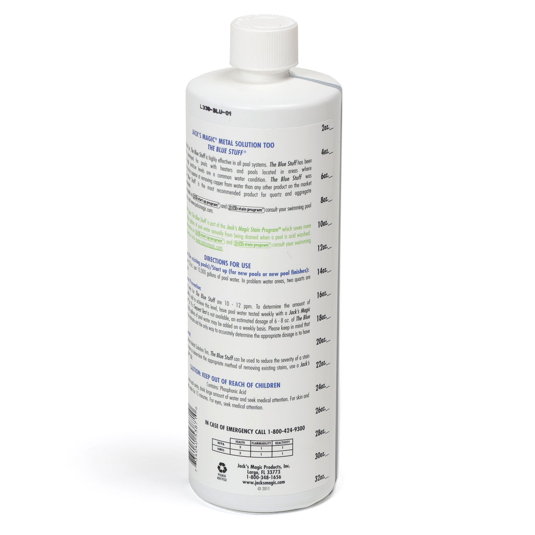 white cylindrical bottle of Jacks Magic Blue Stuff pool stain remover with text and dosage markings from 2 oz to 32 oz on the label