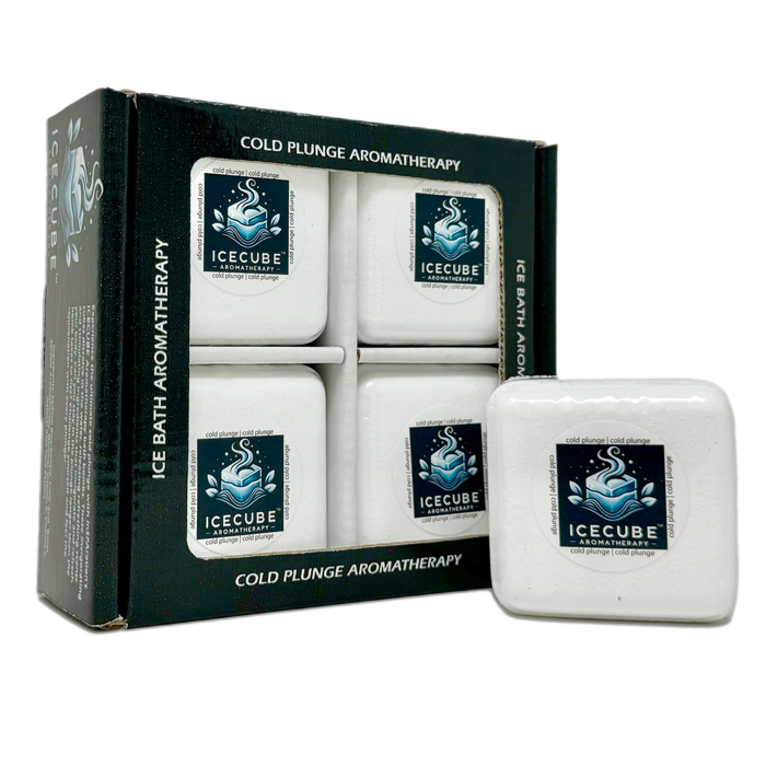four white ice cube shaped aromatherapy fizzing cubes in a black rectangular box with ice cube logo and text cold plunge aromatherapy