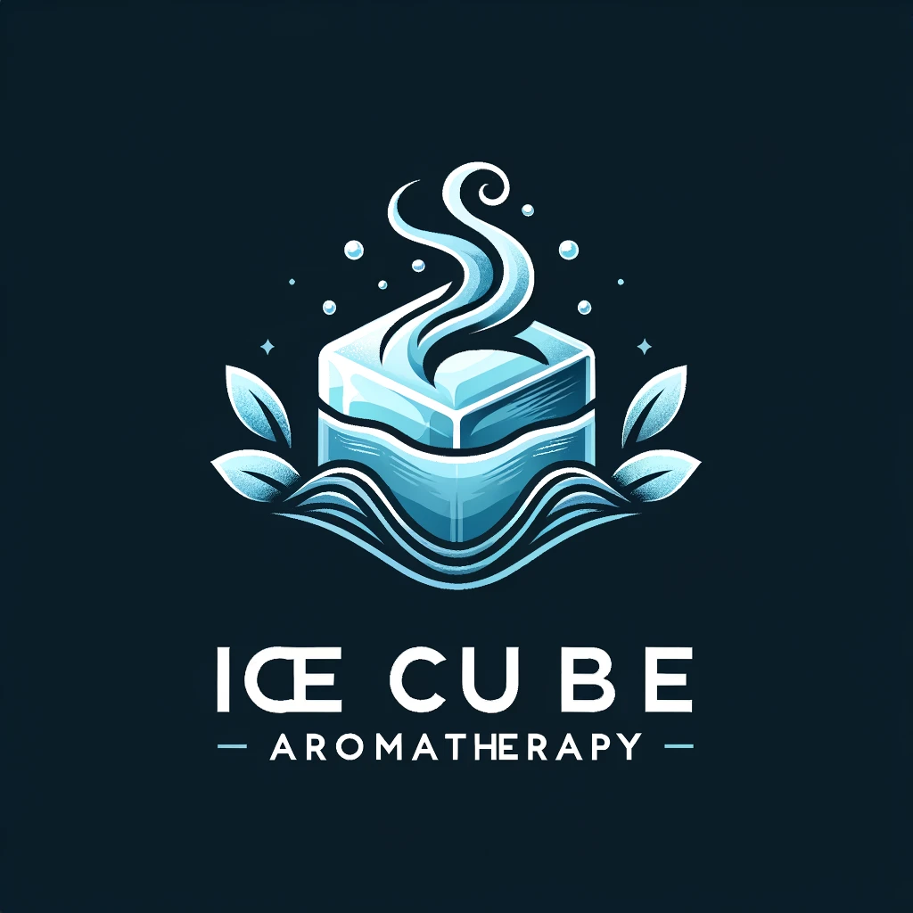 illustration of a stylized blue ice cube emitting steam or aroma with surrounding leaves and bubbles on dark background with ice cube aromatherapy text
