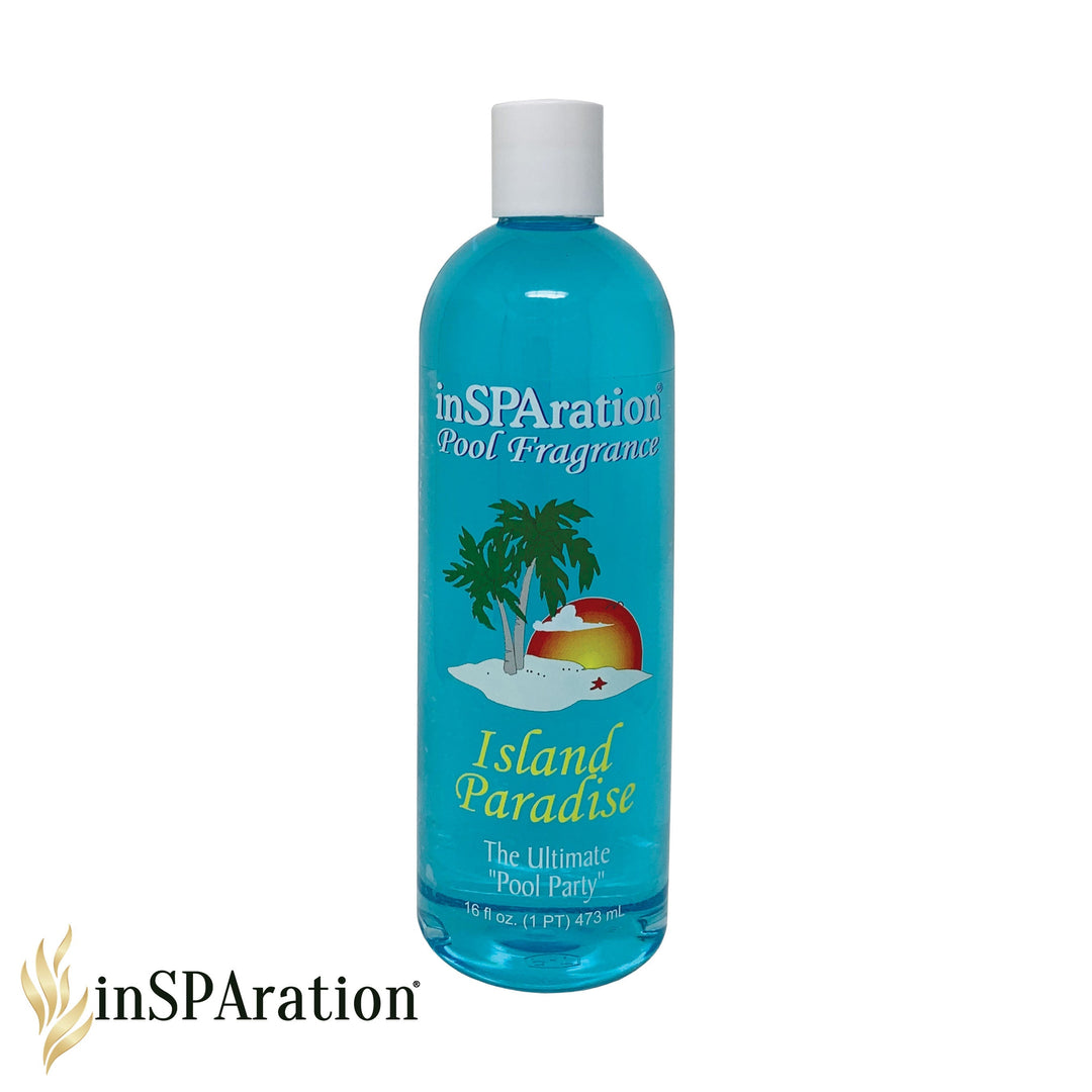 insparation inc pool aromatherapy fragrance island paradise 16oz clear blue bottle with white cap and tropical island graphic