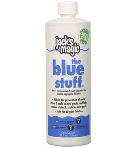 Jacks Magic Blue Stuff Pool Stain Remover 32 ounce white bottle with blue and black text and green eco friendly label