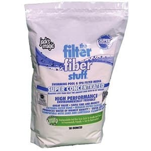 white bag of Jacks Magic filter fiber stuff for pool and spa filters with blue and green text on label
