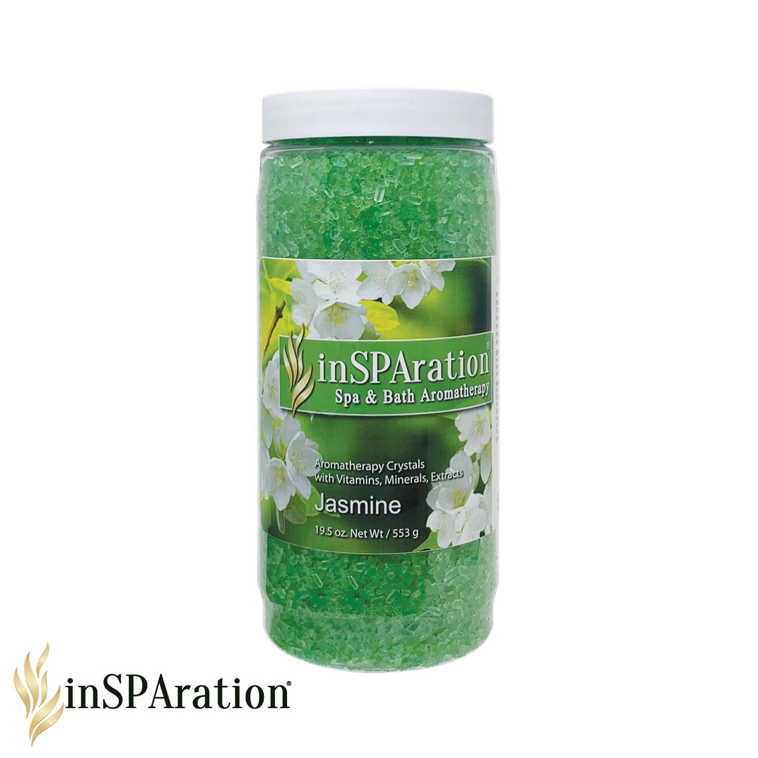 19.5 ounce clear plastic jar of inSPAration original aromatherapy crystals in green jasmine scent with white screw top lid and floral label
