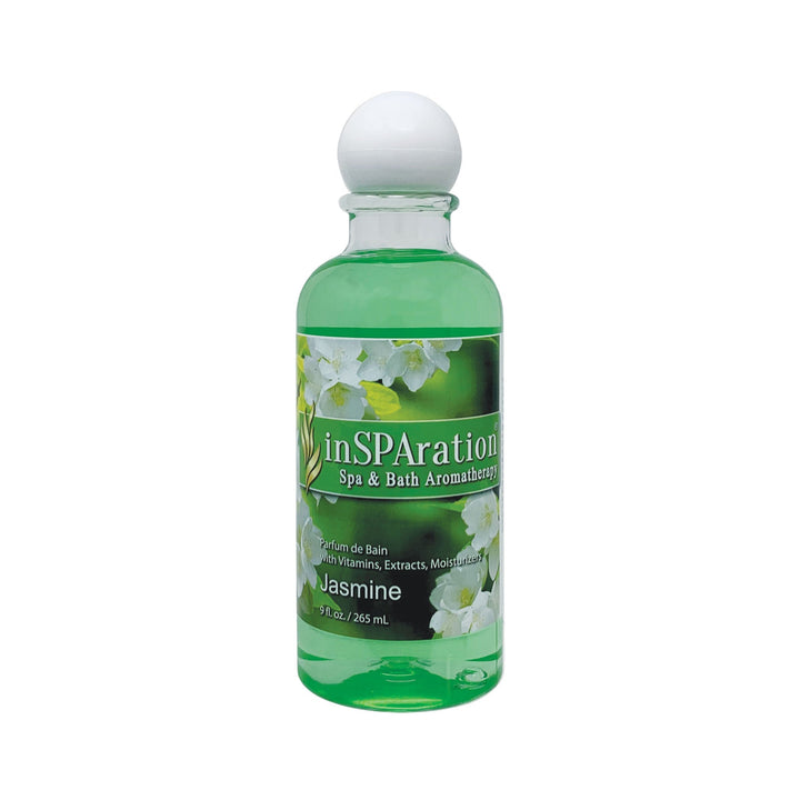 inSPAration 9oz oil-free aromatherapy liquid bottle with green liquid and white cap featuring jasmine floral label design